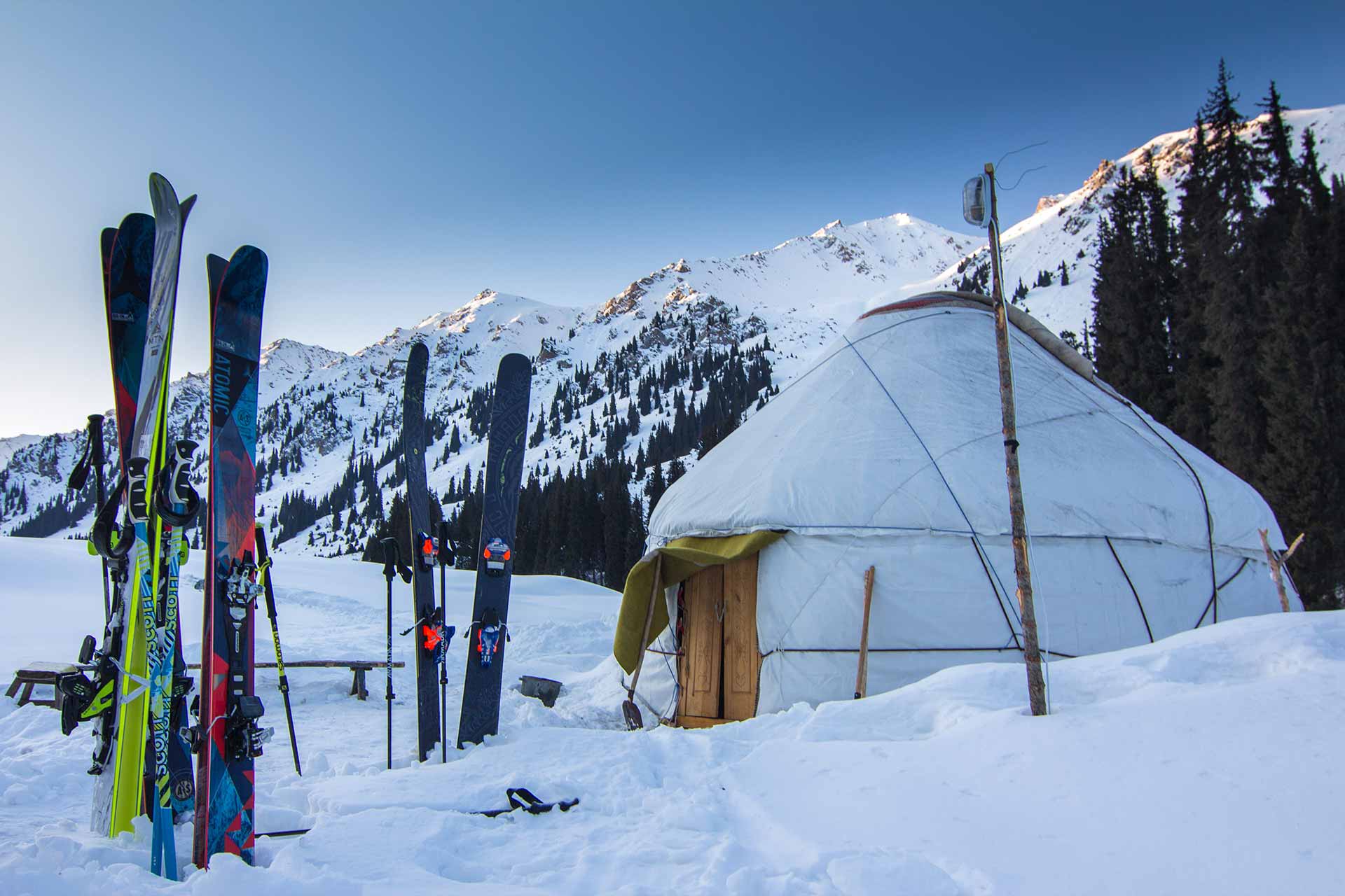 ski touring yurt staying in kyrgyzstan